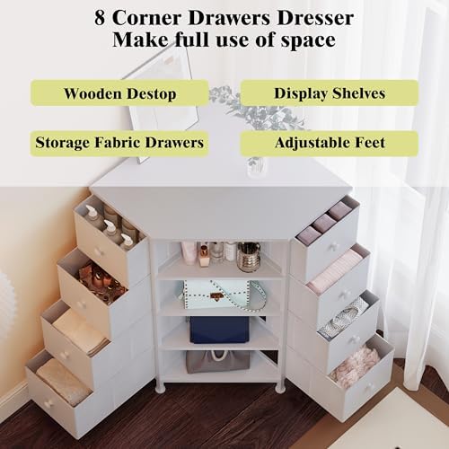 LUMTOK 8 Drawer Corner Dresser with Fabric and Open Shelves White