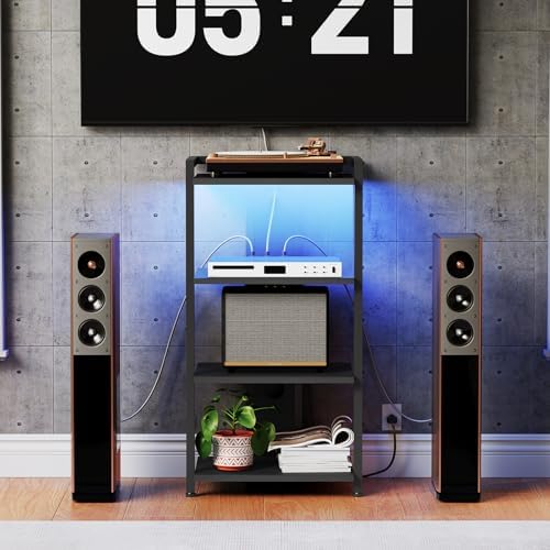 HOOBRO 4-Tier AV Media Console with LED Light and Charging Station Black