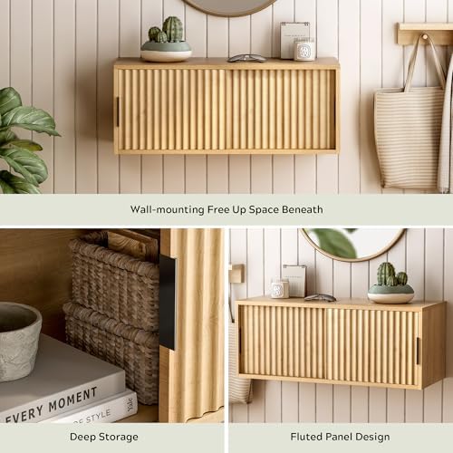 Fluted Wall Cabinet with Sliding Doors Natural Oak
