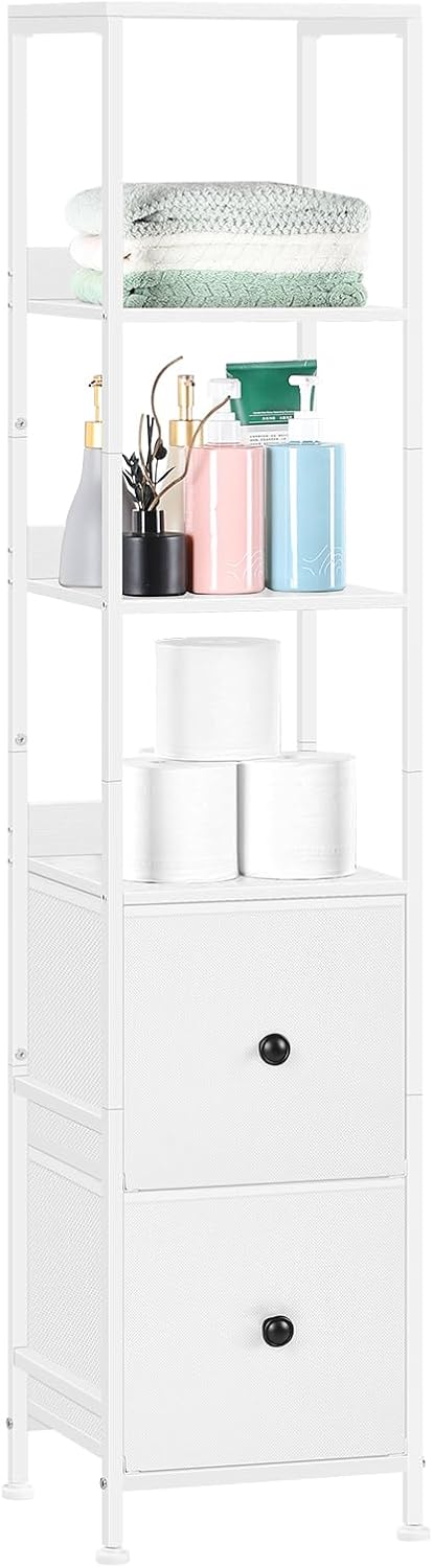 NOVIMANGO White Bathroom Storage Cabinet with 5-Tier Shelves and Fabric Drawers