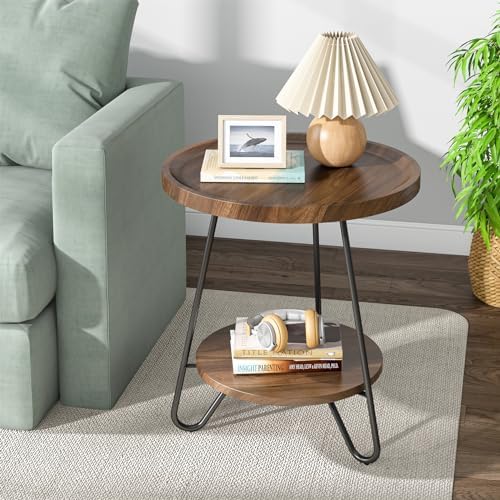 Tribesigns Round Side Table with Metal Legs 2-Tier End Table Modern Industrial Brown