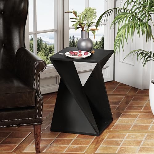 COZAYH Farmhouse End Table Square Solid Wood Pedestal Side Table Rustic Plant Stand with Twisted Design Black