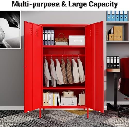 Fumedo Metal Wardrobe Cabinet with Adjustable Shelves and Hanging Rods 2 Door Red