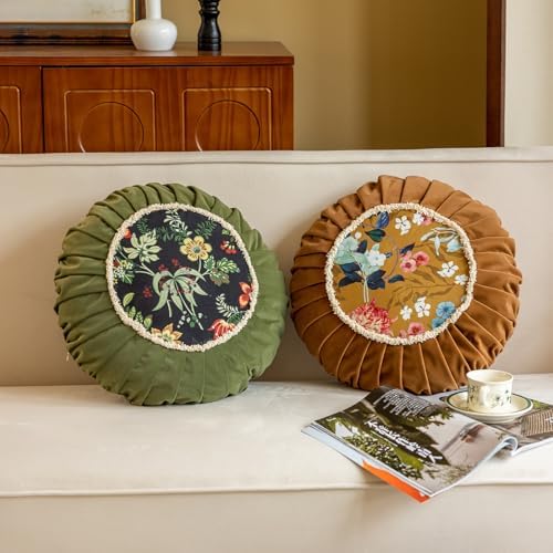 Vctops Round Throw Pillow with Zipper Vintage Floral Velvet Cushion 18 Inch