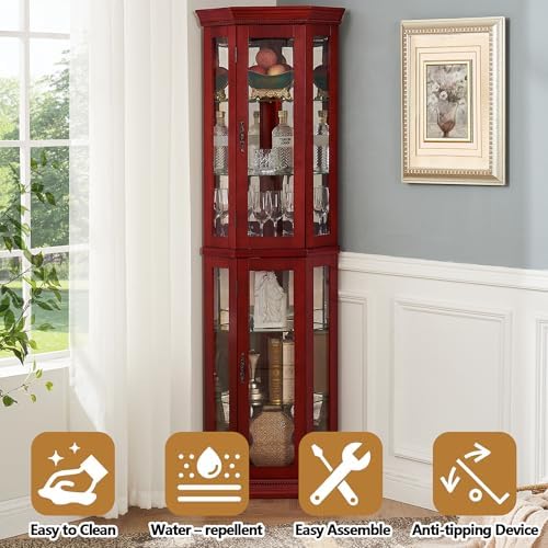 70 Inch Corner Curio Cabinet with LED Lights Cherry