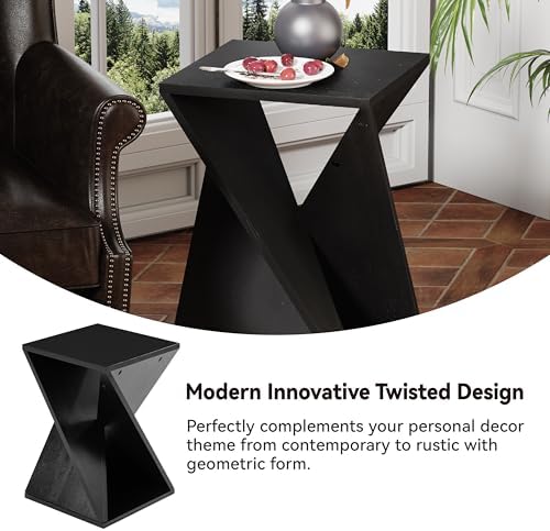 COZAYH Farmhouse End Table Square Solid Wood Pedestal Side Table Rustic Plant Stand with Twisted Design Black
