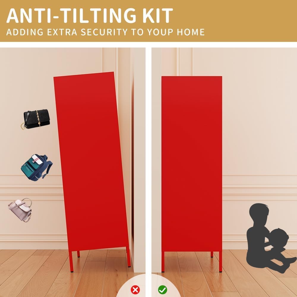 Fumedo Metal Wardrobe Cabinet with Adjustable Shelves and Hanging Rods 2 Door Red