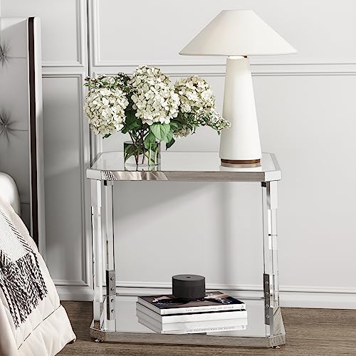 Silver Square Glass Top Side Table - Modern Nightstand for Living Room and Bedroom