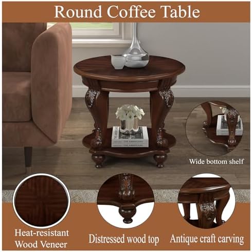 22 Inch Round End Table with Storage Shelf and Cherry Finish