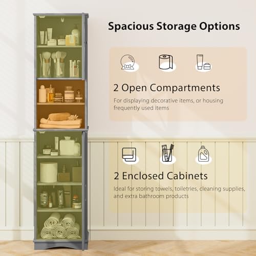 Tangkula 67 Inch Tall Bathroom Cabinet with Acrylic Doors and Adjustable Shelves