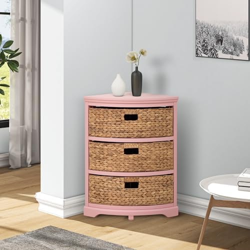 eHemco Hampton Meadows 3 Tier Corner Table with 3 Wicker Baskets Pink
