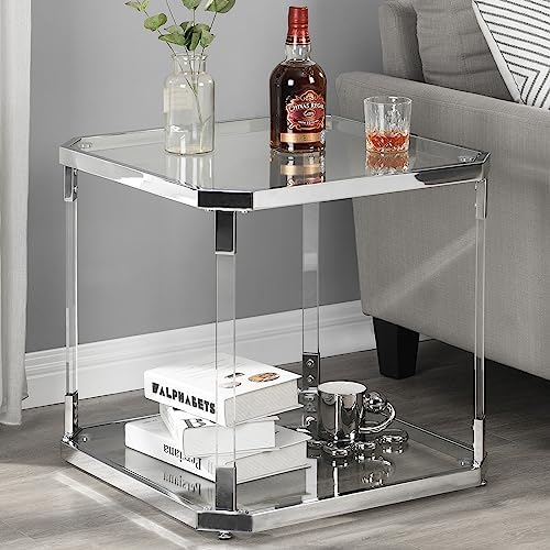 Silver Square Glass Top Side Table - Modern Nightstand for Living Room and Bedroom