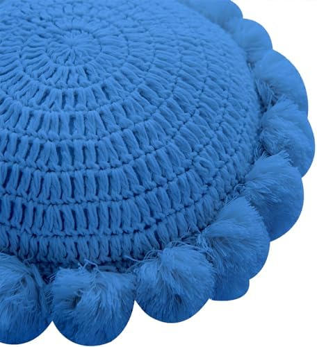 Boho Round Throw Pillow with Pom Poms Tassels 18 Inch Blue