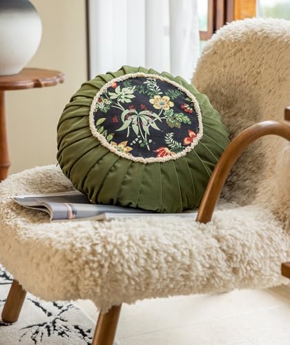 Vctops Round Throw Pillow with Zipper Vintage Floral Velvet Cushion 18 Inch