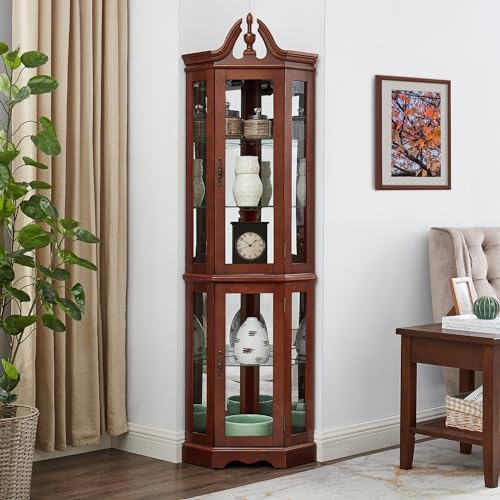 Lighted Corner Curio Display Cabinet with Tempered Glass Doors