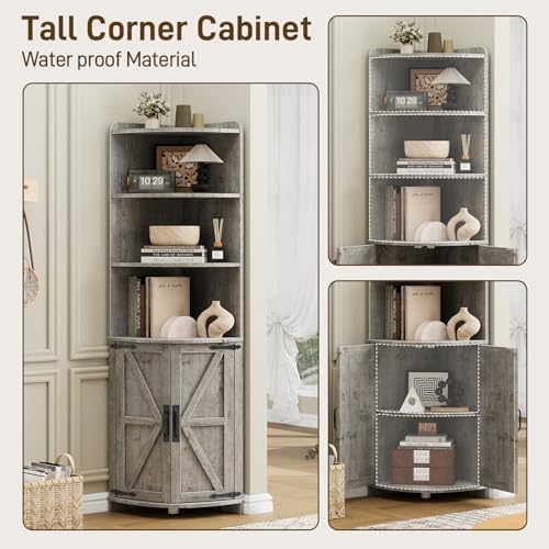 Vabches Tall Corner Cabinet with Barn Door Design Grey