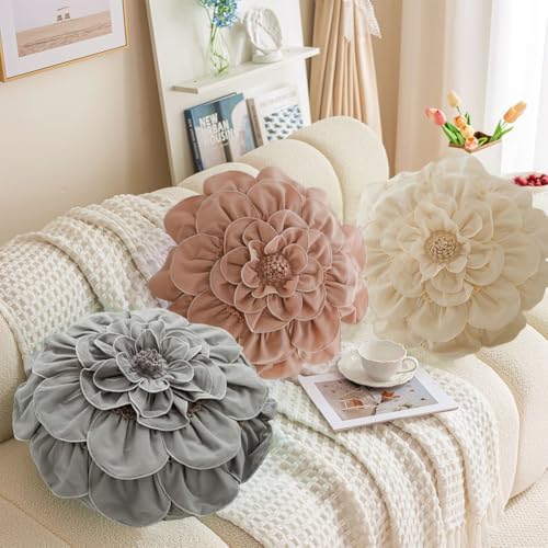 3D Flower Round Pillow with Insert White