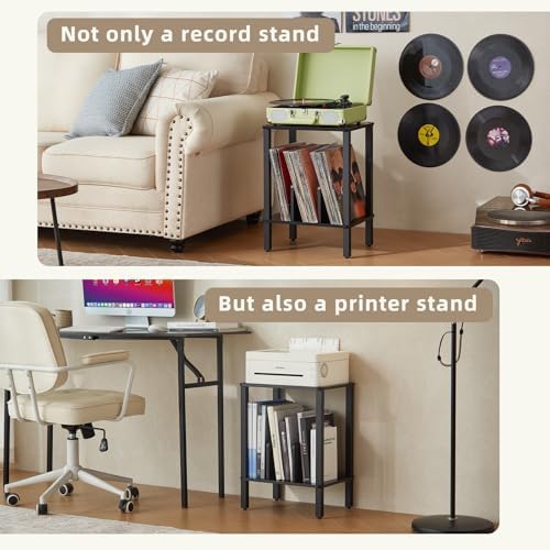 LELELINKY 2-Tier Record Player Stand with Storage for 100 Albums Black