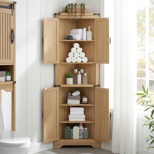 Tall Farmhouse Corner Cabinet with 4 Doors and Adjustable Shelves
