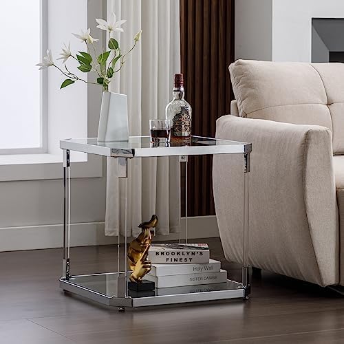 Silver Square Glass Top Side Table - Modern Nightstand for Living Room and Bedroom