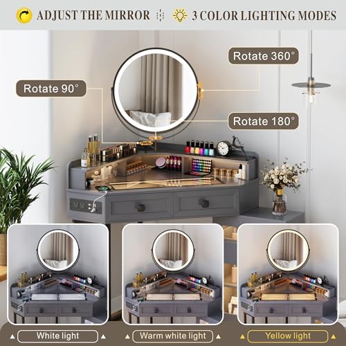 Modern Corner Vanity Desk with Mirror Lights and Storage