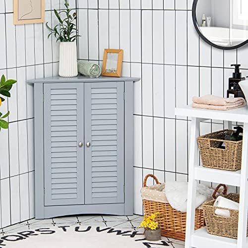 Tangkula Corner Cabinet with Double Doors and Adjustable Shelf Grey