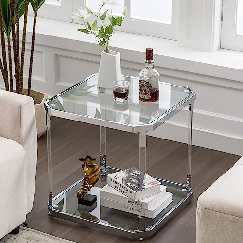 Silver Square Glass Top Side Table - Modern Nightstand for Living Room and Bedroom