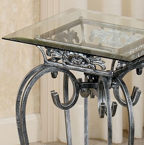 Touch of Class Chalcedony Metal Scroll Pedestal Table - Beveled Glass - Antique Pewter - Square Top - Elegant Accent