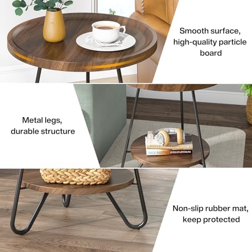 Tribesigns Round Side Table with Metal Legs 2-Tier End Table Modern Industrial Brown