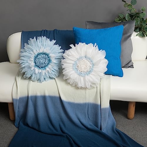 3D Flower Throw Pillow 14 inch Blue Velvet Decor