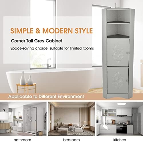 Tall Triangle Bathroom Cabinet with Doors and Adjustable Shelves Grey