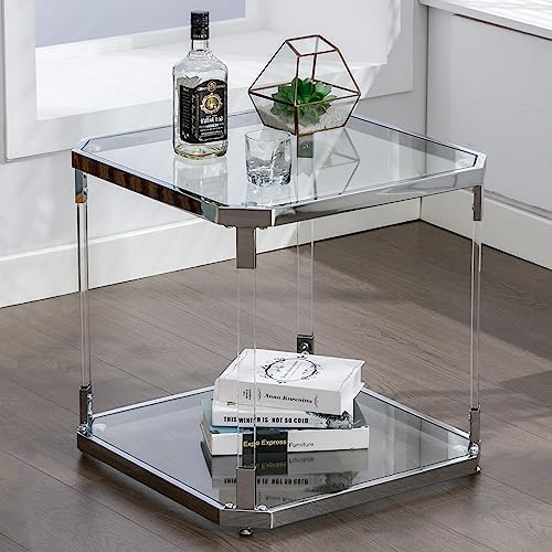 Silver Square Glass Top Side Table - Modern Nightstand for Living Room and Bedroom