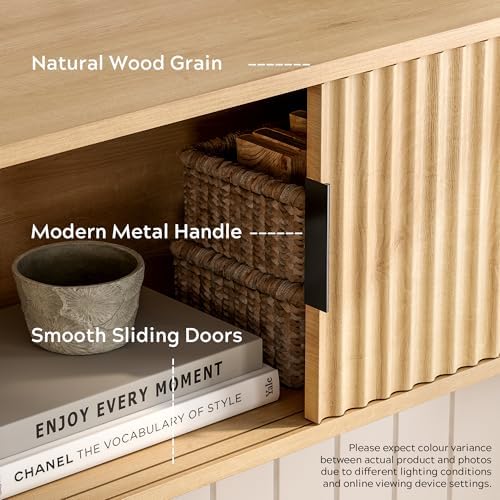Fluted Wall Cabinet with Sliding Doors Natural Oak