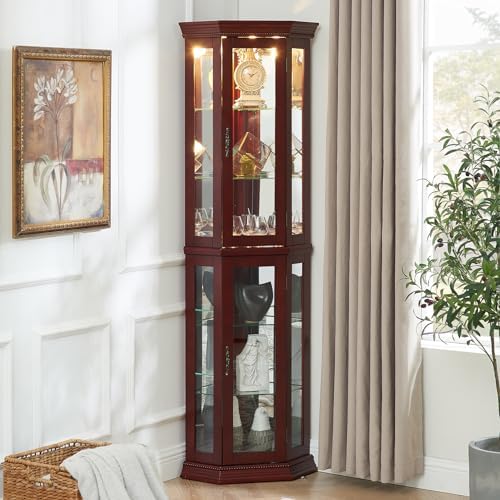 Lighted Corner Cabinet with Glass Doors and Adjustable Shelves