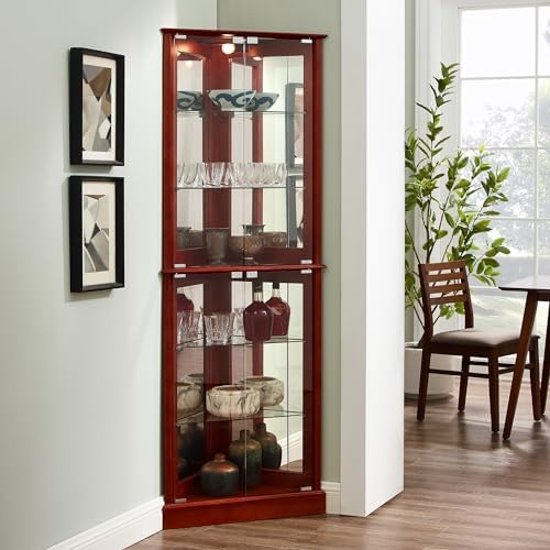 6 Shelves Corner Curio Cabinet with Lighting and Mirrored Back