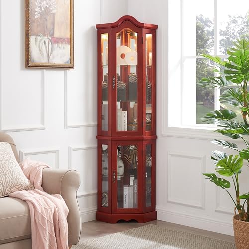 Maximize Space with Lighted Glass Curio Cabinet Corner Design Cherry Finish