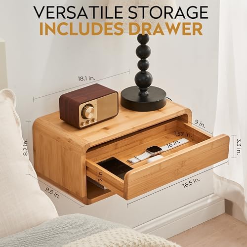 Bamboo Floating Nightstand with Drawer and Open Shelf