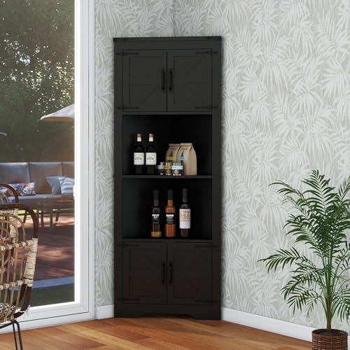 Panana Tall Corner Cabinet with Barn Doors and Adjustable Shelves Black