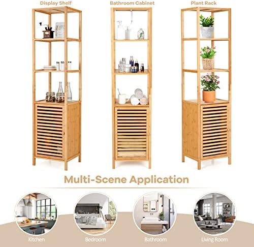Giantex Bamboo Storage Cabinet 4-Tier Slim Shelving Unit with Shutter Door and Anti-Toppling Device