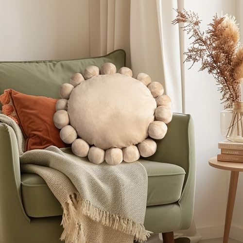 AELS Boho Beaded Round Pillow 185 Inch Modern Velvet Cushion