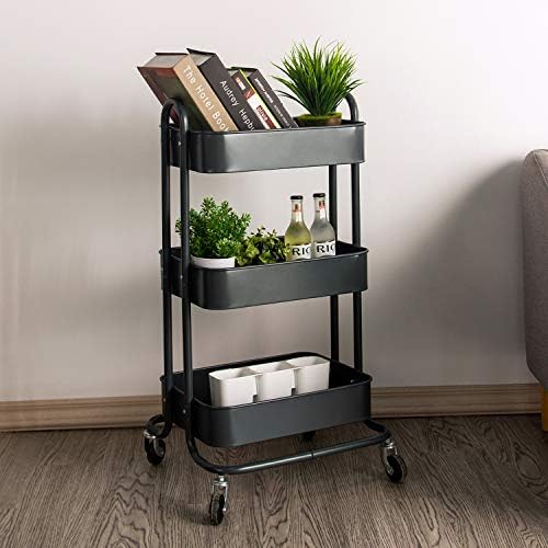 Wonline 3-Tier Metal Rolling Storage Cart with Locking Casters Grey