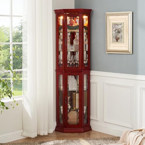 69 Inch Lighted Curio Cabinet with Tempered Glass Door and Adjustable Shelves