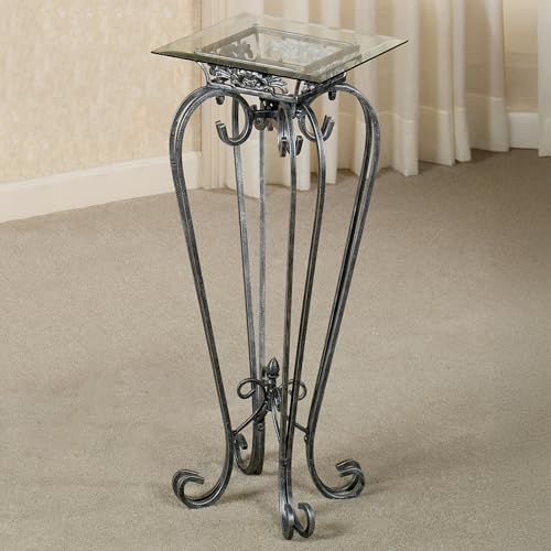 Touch of Class Chalcedony Metal Scroll Pedestal Table - Beveled Glass - Antique Pewter - Square Top - Elegant Accent