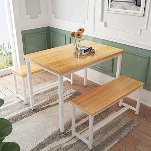 AWQM Dining Table Set with 2 Benches 472x287x287 Inches Beige
