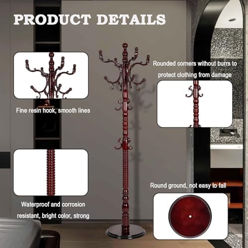 Free Standing Coat Rack with 14 Hooks and Natural Wood Base