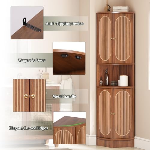 71 Inch Tall Corner Cabinet with Doors and 5-Tier Shelves in Walnut