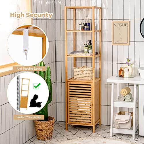 Giantex Bamboo Storage Cabinet 4-Tier Slim Shelving Unit with Shutter Door and Anti-Toppling Device
