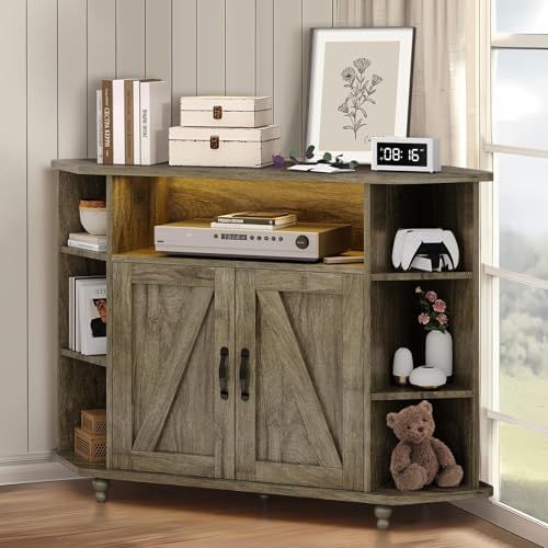 4 Ever Winner Corner TV Stand for 50 Inch TV Farmhouse Style with LED Light Open Storage Adjustable Shelves Grey