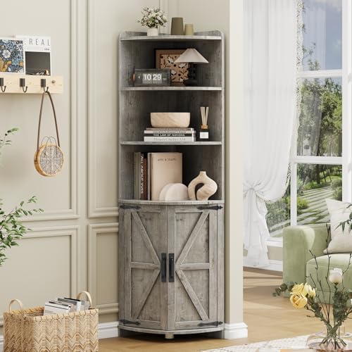 Vabches Tall Corner Cabinet with Barn Door Design Grey