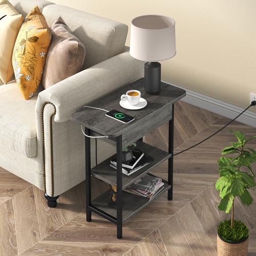 LIDYUK End Table with Charging Station USB Ports and Outlets Flip Top Side Table for Small Spaces Dark Grey